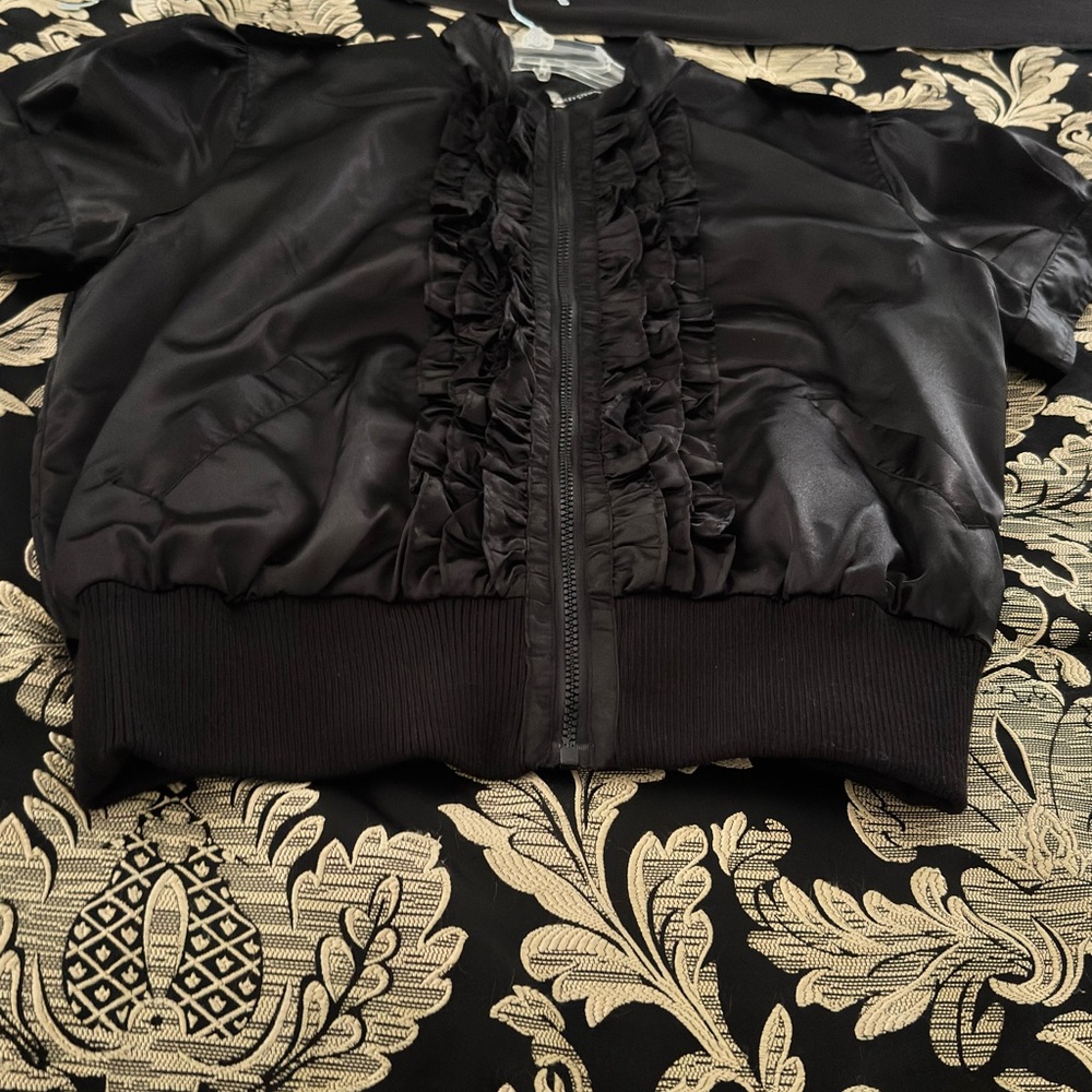 Black Satin Ruffled Bomber Jacket